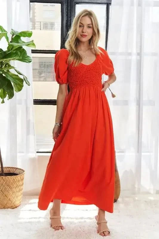 ADORA Popcorn Smocked Puff Sleeve Dress - SwagglyLife Home & Fashion